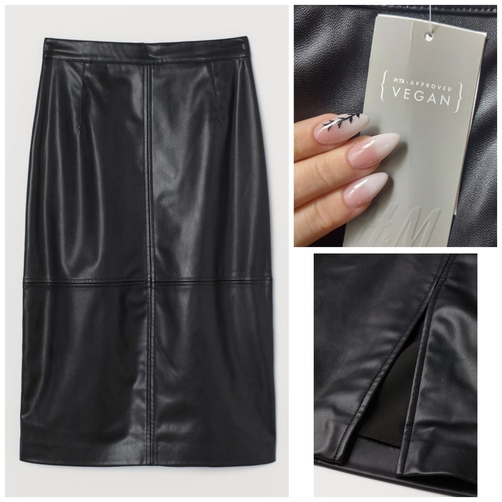 𝅺nwt H&M Black Vegan Faux Leather Midi Skirt Size 6